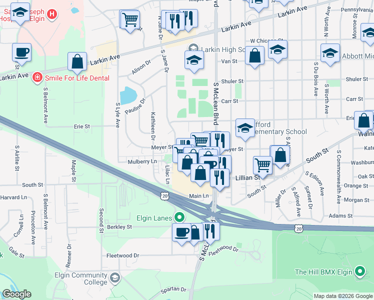 map of restaurants, bars, coffee shops, grocery stores, and more near 300 South McLean Boulevard in Elgin