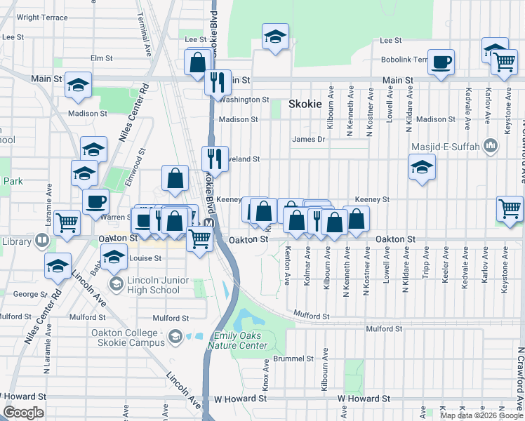 map of restaurants, bars, coffee shops, grocery stores, and more near 8046 Knox Avenue in Skokie