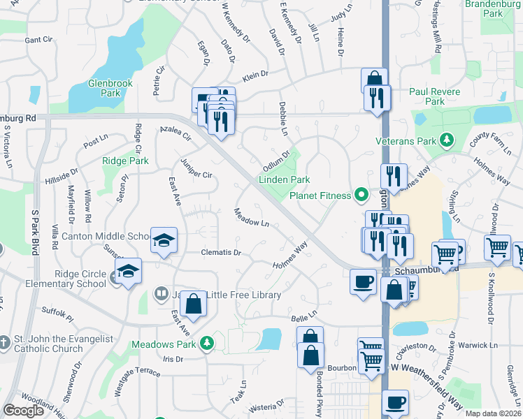 map of restaurants, bars, coffee shops, grocery stores, and more near 29 Ashburn Court in Schaumburg