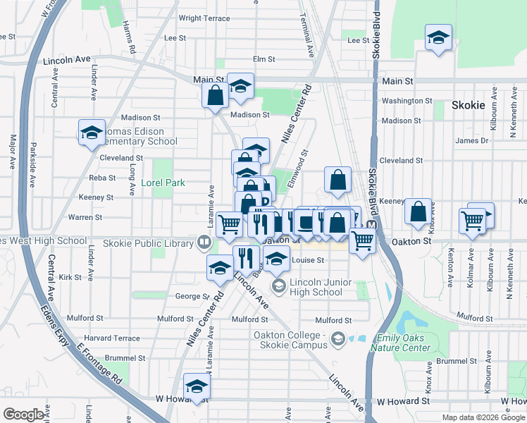 map of restaurants, bars, coffee shops, grocery stores, and more near 5040 Warren Street in Skokie
