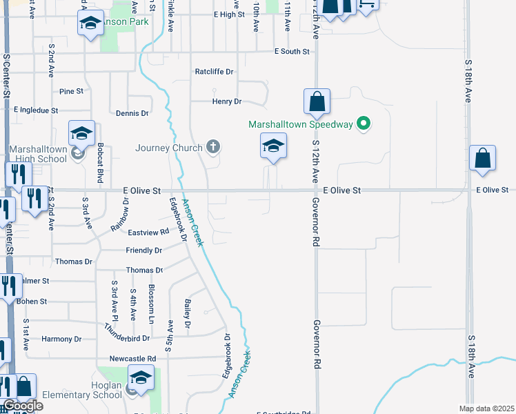 map of restaurants, bars, coffee shops, grocery stores, and more near 901 East Olive Street in Marshalltown