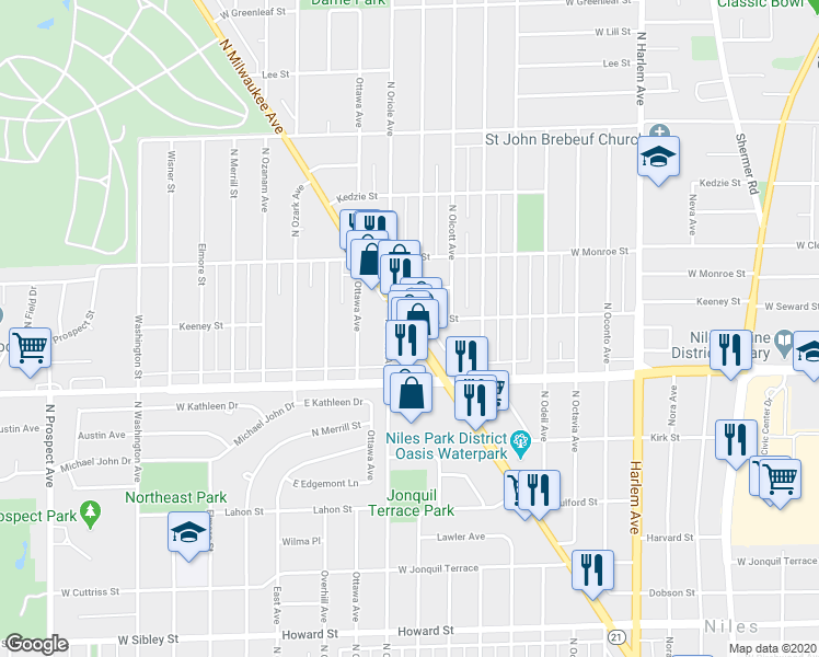 map of restaurants, bars, coffee shops, grocery stores, and more near 7541 West Keeney Street in Niles