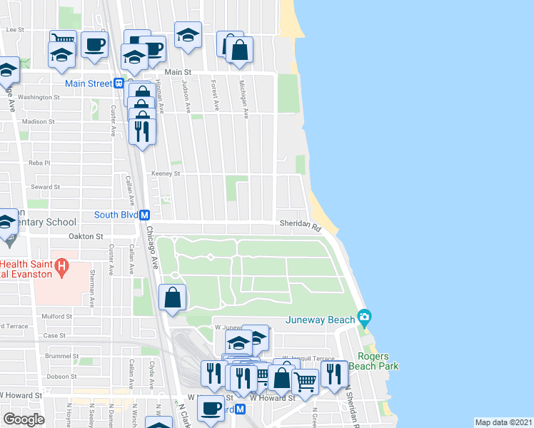 map of restaurants, bars, coffee shops, grocery stores, and more near 518 Sheridan Road in Evanston