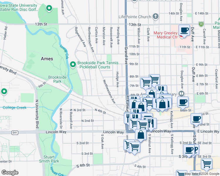 map of restaurants, bars, coffee shops, grocery stores, and more near 815 6th Street in Ames