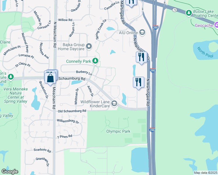 map of restaurants, bars, coffee shops, grocery stores, and more near 50 Wisteria Lane in Schaumburg