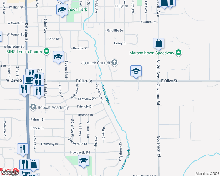 map of restaurants, bars, coffee shops, grocery stores, and more near 1707 South 7th Avenue in Marshalltown