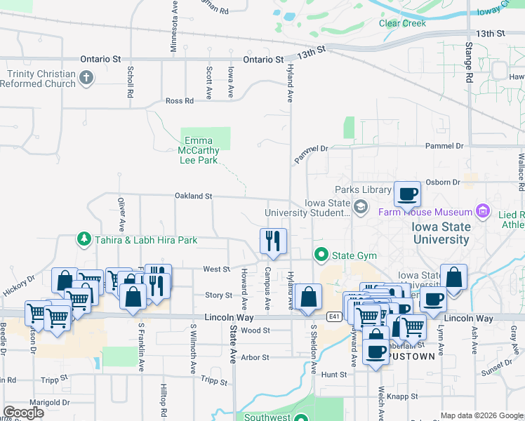 map of restaurants, bars, coffee shops, grocery stores, and more near 263 Campus Avenue in Ames