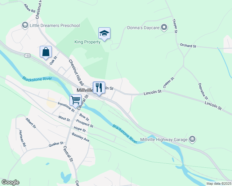 map of restaurants, bars, coffee shops, grocery stores, and more near 172 Main Street in Millville