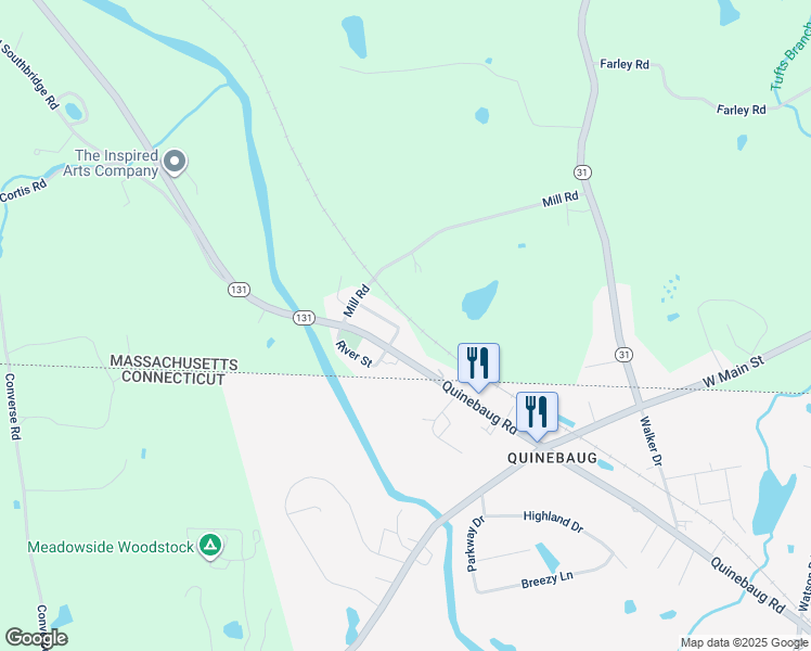 map of restaurants, bars, coffee shops, grocery stores, and more near 12 Quinebaug Road in Dudley