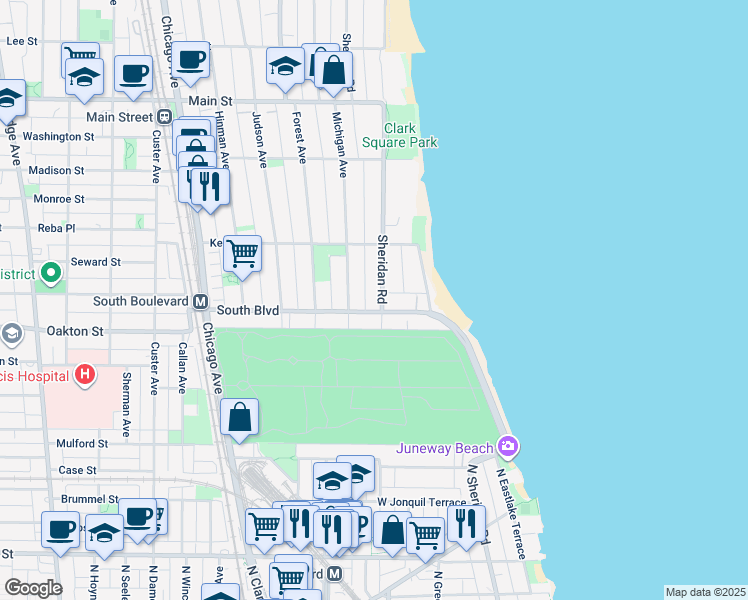 map of restaurants, bars, coffee shops, grocery stores, and more near 518 Sheridan Road in Evanston