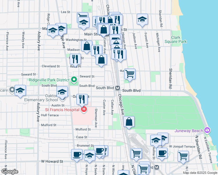 map of restaurants, bars, coffee shops, grocery stores, and more near 609 Oakton Street in Evanston