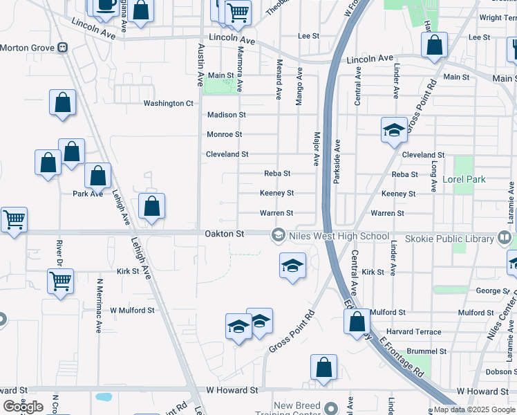 map of restaurants, bars, coffee shops, grocery stores, and more near 5813 Warren Street in Morton Grove