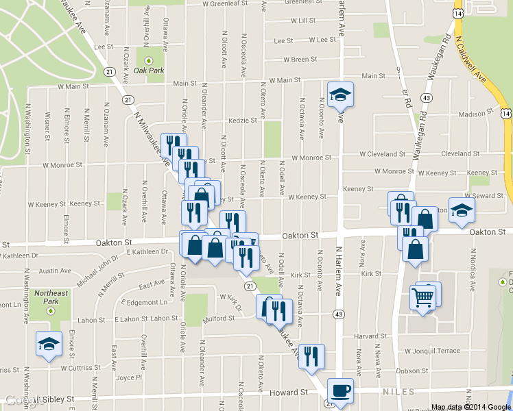 map of restaurants, bars, coffee shops, grocery stores, and more near 8028 North Oketo Avenue in Niles