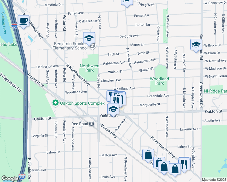 map of restaurants, bars, coffee shops, grocery stores, and more near 1113 Fortuna Avenue in Park Ridge