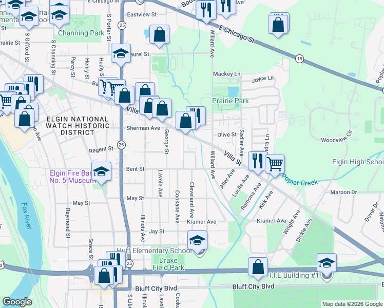 map of restaurants, bars, coffee shops, grocery stores, and more near 471 Harrison Street in Elgin