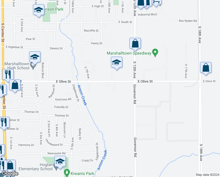 map of restaurants, bars, coffee shops, grocery stores, and more near 901 East Olive Street in Marshalltown