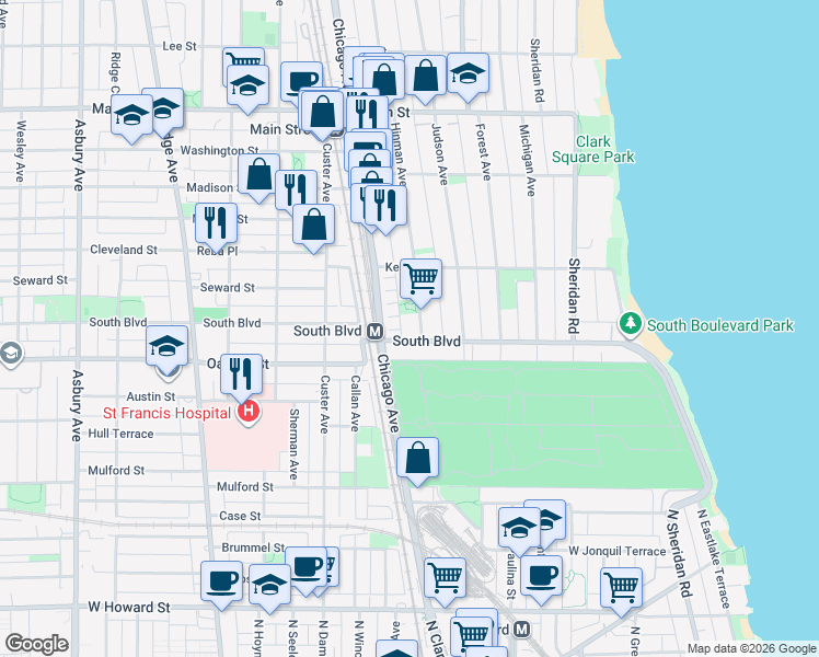 map of restaurants, bars, coffee shops, grocery stores, and more near in Evanston