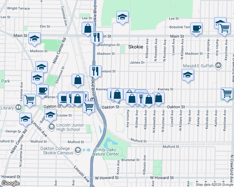 map of restaurants, bars, coffee shops, grocery stores, and more near 8047 Kilpatrick Avenue in Skokie