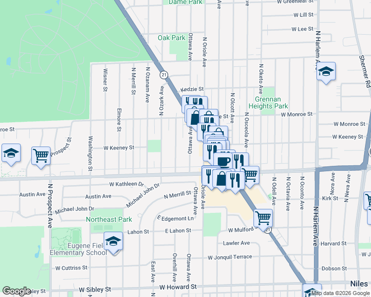 map of restaurants, bars, coffee shops, grocery stores, and more near 8027 Ottawa Avenue in Niles