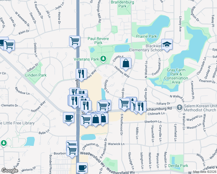 map of restaurants, bars, coffee shops, grocery stores, and more near 2323 Sedgfield Court in Schaumburg