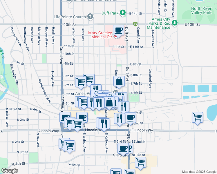 map of restaurants, bars, coffee shops, grocery stores, and more near 219 6th Street in Ames