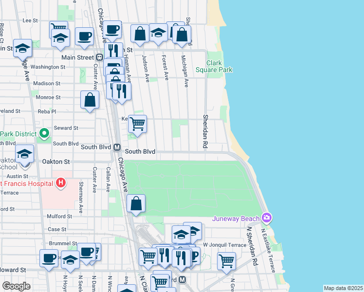 map of restaurants, bars, coffee shops, grocery stores, and more near 503 Michigan Avenue in Evanston