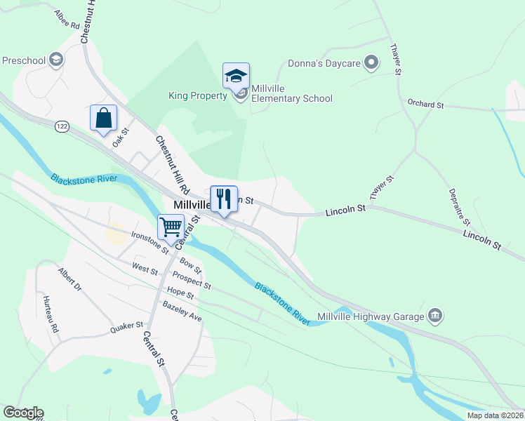 map of restaurants, bars, coffee shops, grocery stores, and more near 16 Preston Street in Millville
