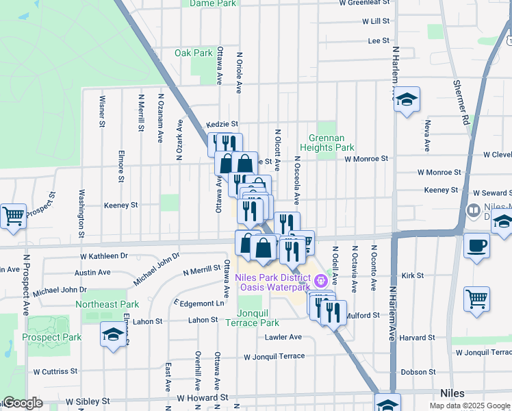 map of restaurants, bars, coffee shops, grocery stores, and more near 8031 North Milwaukee Avenue in Niles