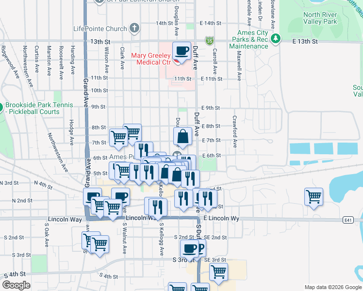 map of restaurants, bars, coffee shops, grocery stores, and more near 125 6th Street in Ames