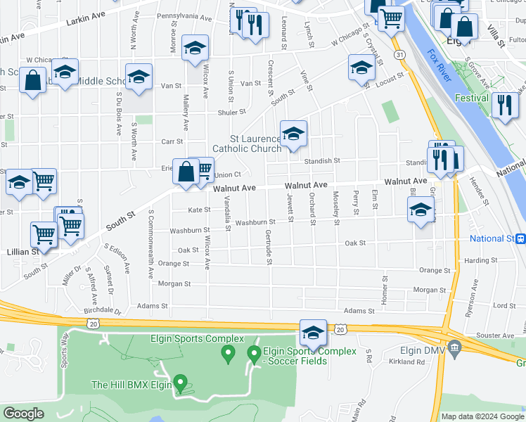 map of restaurants, bars, coffee shops, grocery stores, and more near 332 Gertrude Street in Elgin