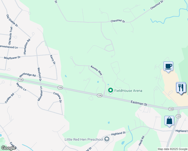 map of restaurants, bars, coffee shops, grocery stores, and more near 117 Eastman Street in Easton