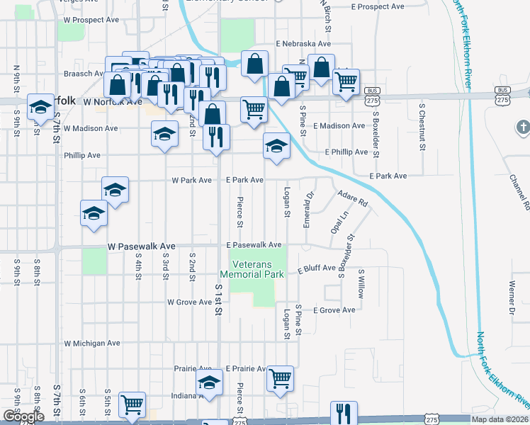 map of restaurants, bars, coffee shops, grocery stores, and more near 401-699 Blaine St in Norfolk
