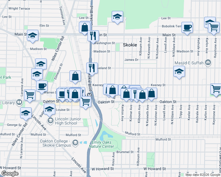 map of restaurants, bars, coffee shops, grocery stores, and more near Kenton Avenue in Skokie