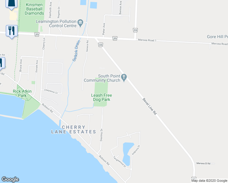 map of restaurants, bars, coffee shops, grocery stores, and more near 447 Bevel Line Road in Leamington