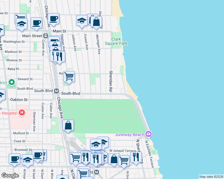 map of restaurants, bars, coffee shops, grocery stores, and more near 518 Sheridan Road in Evanston