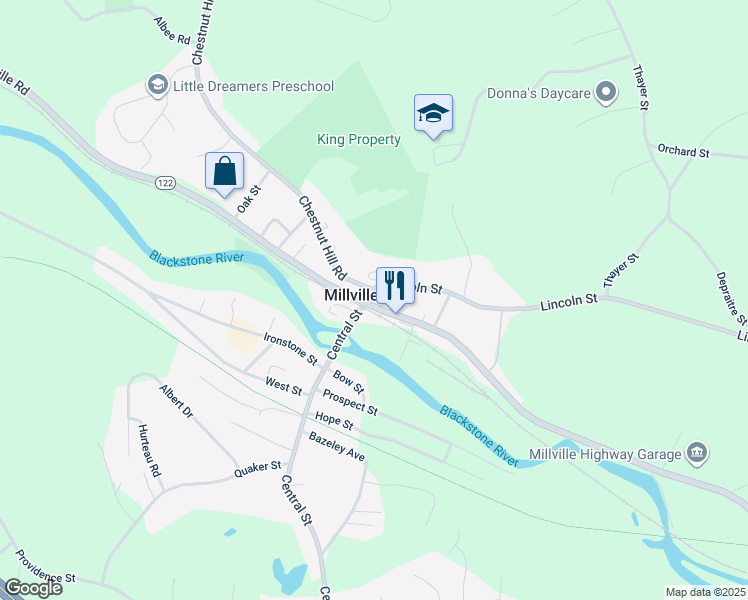 map of restaurants, bars, coffee shops, grocery stores, and more near 5 Central Street in Millville
