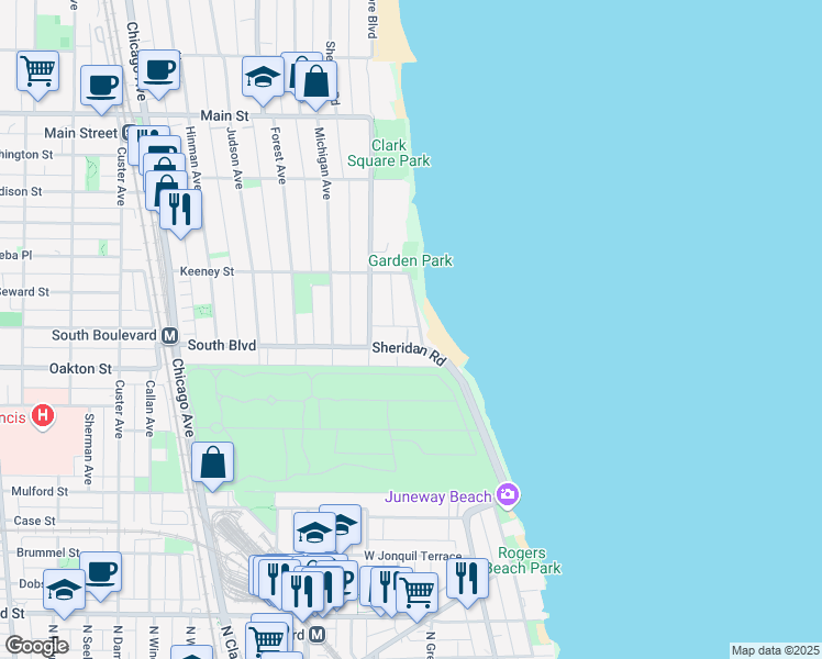 map of restaurants, bars, coffee shops, grocery stores, and more near 494 Sheridan Road in Evanston