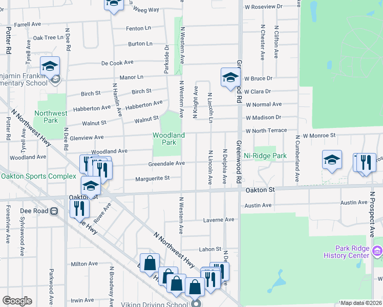 map of restaurants, bars, coffee shops, grocery stores, and more near 1040 North Knight Avenue in Park Ridge