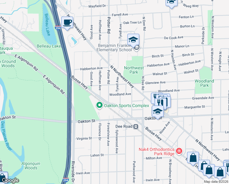 map of restaurants, bars, coffee shops, grocery stores, and more near 2611 Woodland Avenue in Park Ridge