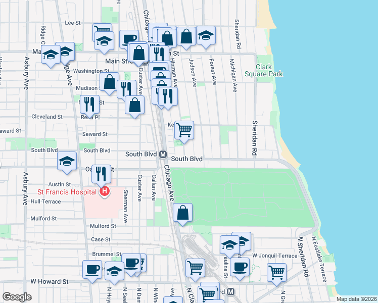 map of restaurants, bars, coffee shops, grocery stores, and more near in Evanston