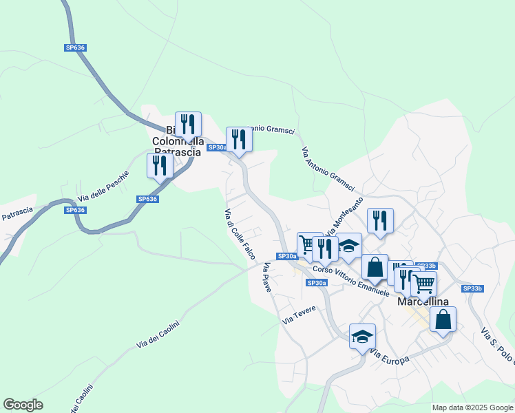 map of restaurants, bars, coffee shops, grocery stores, and more near 15 Via Roma in Marcellina