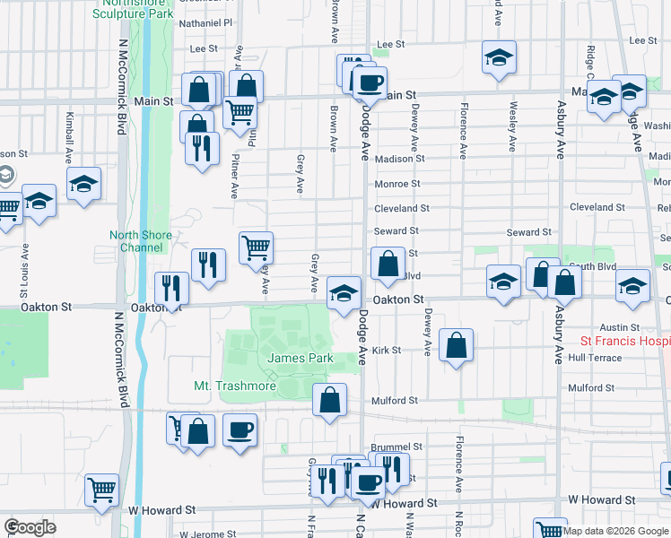 map of restaurants, bars, coffee shops, grocery stores, and more near 1927 Warren Street in Evanston