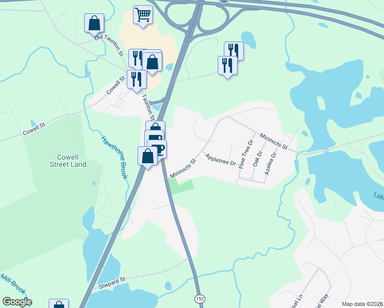map of restaurants, bars, coffee shops, grocery stores, and more near 10 Mirimichi Street in Plainville