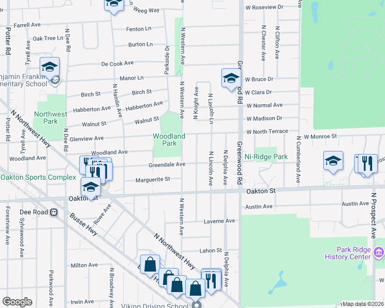 map of restaurants, bars, coffee shops, grocery stores, and more near 1040 North Knight Avenue in Park Ridge