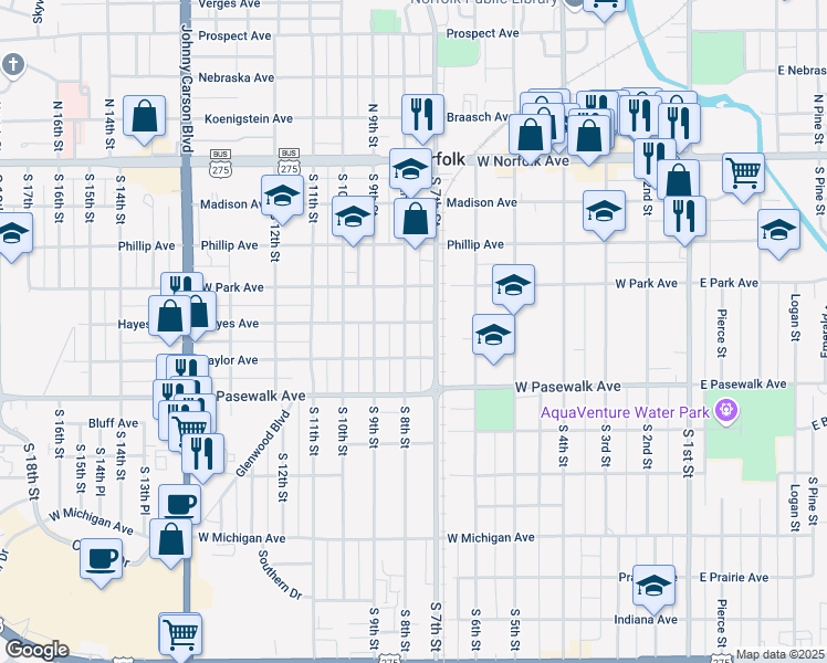 map of restaurants, bars, coffee shops, grocery stores, and more near 407 South 8th Street in Norfolk