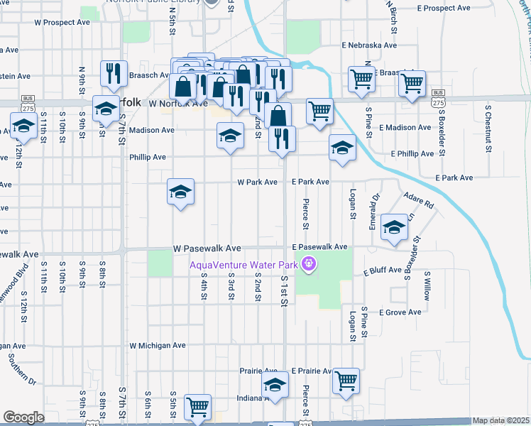 map of restaurants, bars, coffee shops, grocery stores, and more near 411 South 2nd Street in Norfolk