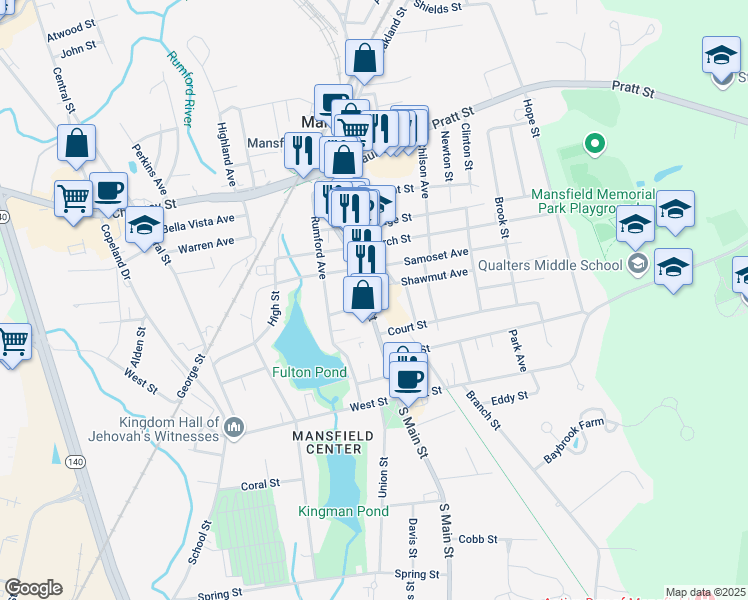map of restaurants, bars, coffee shops, grocery stores, and more near 26 Bristol Street in Mansfield