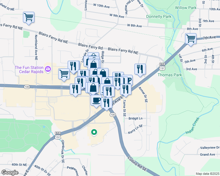 map of restaurants, bars, coffee shops, grocery stores, and more near 121 Southview Drive in Marion