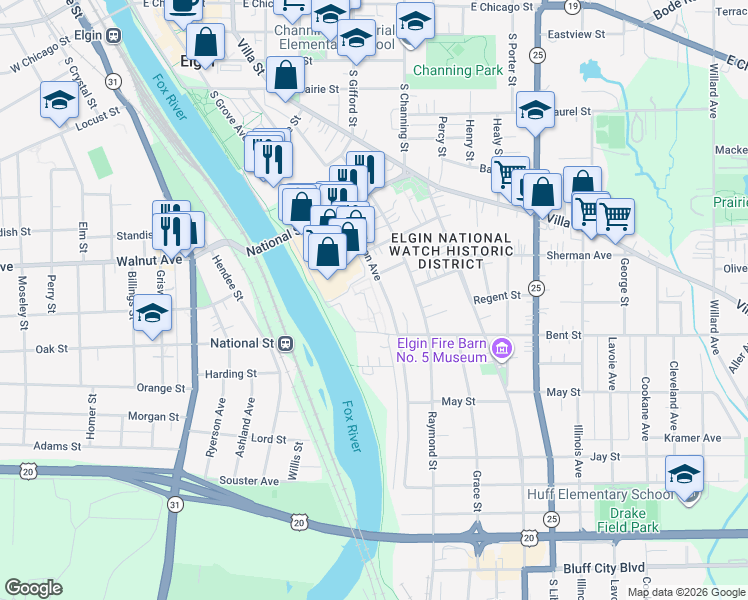 map of restaurants, bars, coffee shops, grocery stores, and more near 2 Times Square Road in Elgin