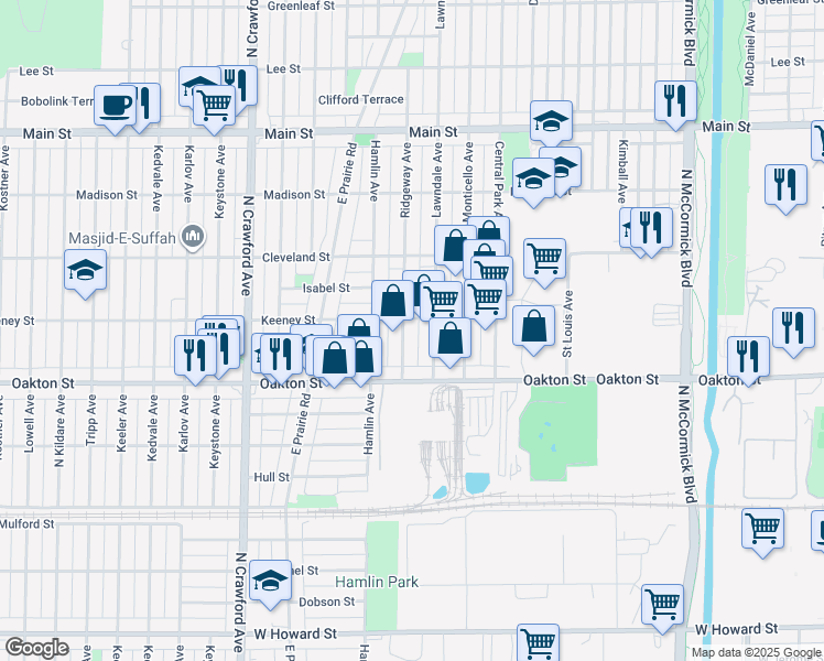 map of restaurants, bars, coffee shops, grocery stores, and more near 8107 Ridgeway Avenue in Skokie